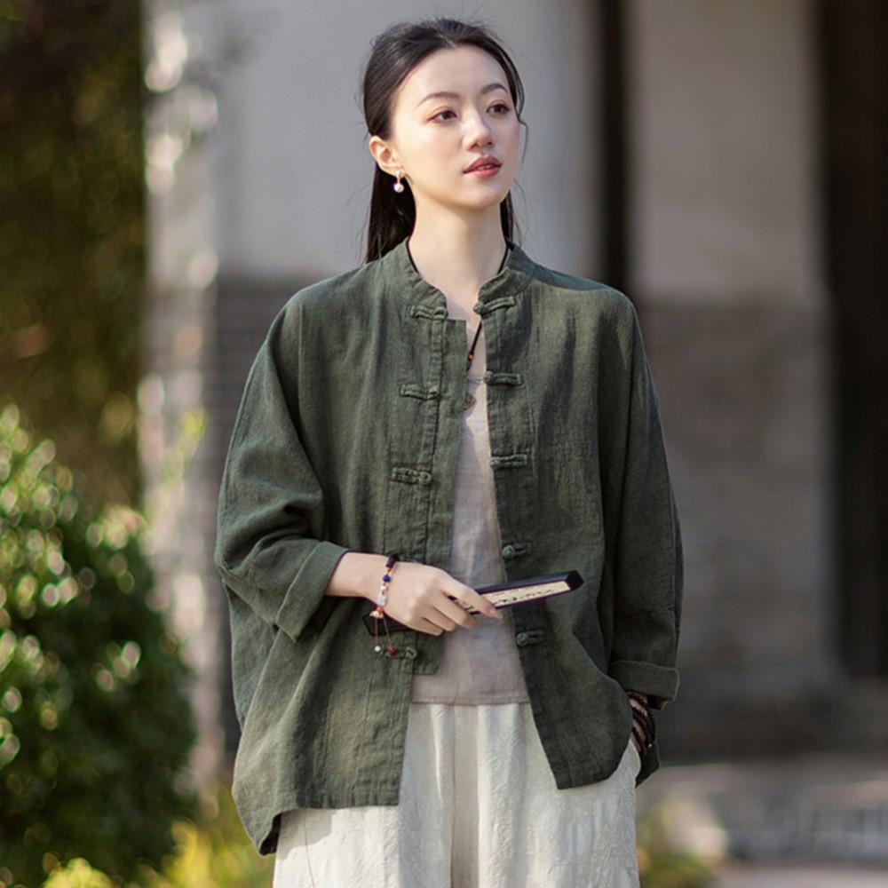 

Johnature Women Vintage Shirts Tops Spring Chinese Style Button Stand Bat Sleeve Blouses Shirts One Size зелёный