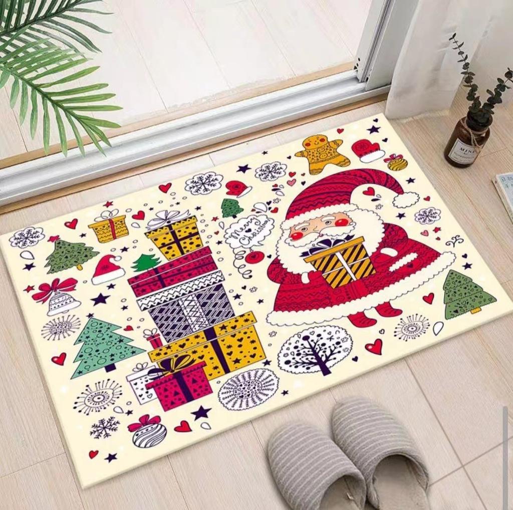 Christmas Themed Door Mat with Santa Claus Elk Snowman Pattern Non Slip Absorbent Indoor Outdoor Welcome Mat for Home Decor