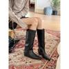 Cowhide version~ Maillard wide tube square head knight boots women's inner height increase and thin boots brown knee boots