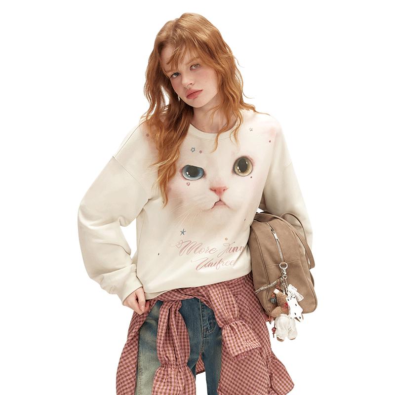 

UNIFREE Autumn Cute Cat Print Loose Sweatshirt L