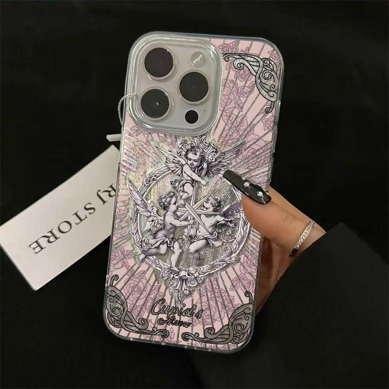 Gotycki Anioł Line Art Holograficzna Tekstura Etui na Telefon dla Serii iPhone 17 16 15 14 13 12 11 16E Pro Max Plus