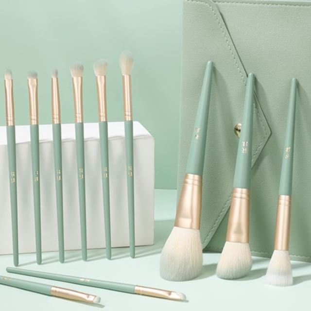 

Jericoure - Set of 11: Makeup Brush with Case Set - Green & Gold
