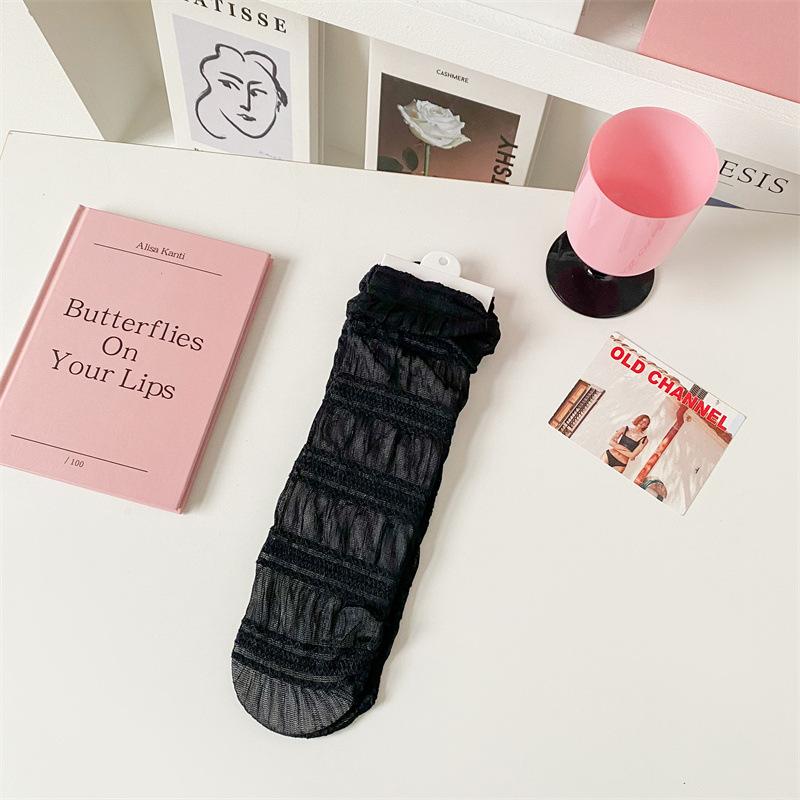 Spring And Summer Lantern Bubble Cloth Mesh Stacking Socks Women'S Casual Thin Stockings Striped Medium Tube Mary Jane Women'S Socks Tide
