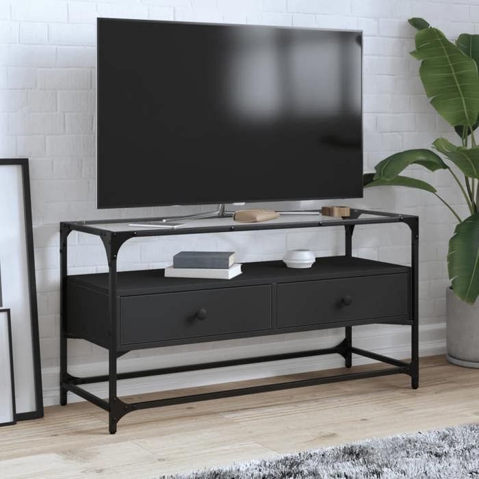 VidaXL Meuble TV et dessus en verre noir 80x35x51 cm bois d'ingénierie, support TV, armoire média, armoire hifi, unité TV, 846064