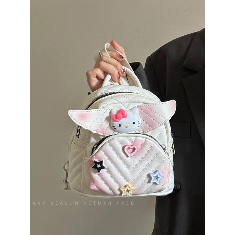 Bag Women 2025 New Cute KT Wings Backpack Fashion Rhombus Embroidered Thread Women's Casual Backpack