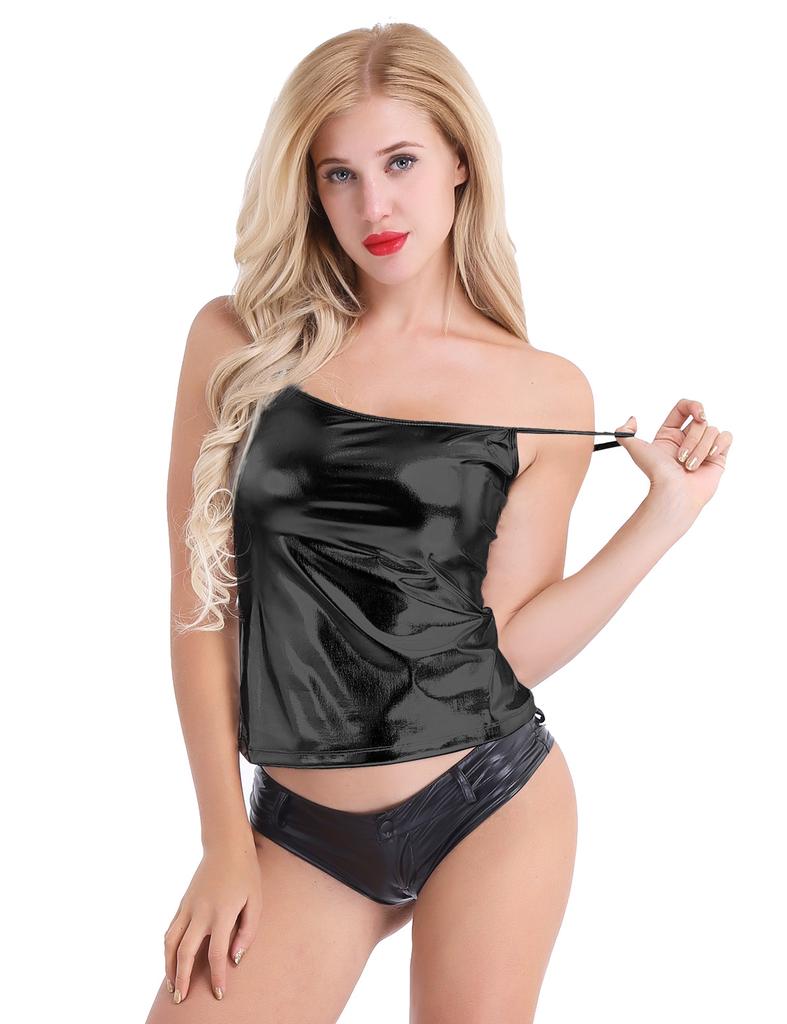 Dámské lesklé lakované kožené řemínky Wetlook Vesta bez rukávů Kovové Dívčí taneční tílko Klubové oblečení