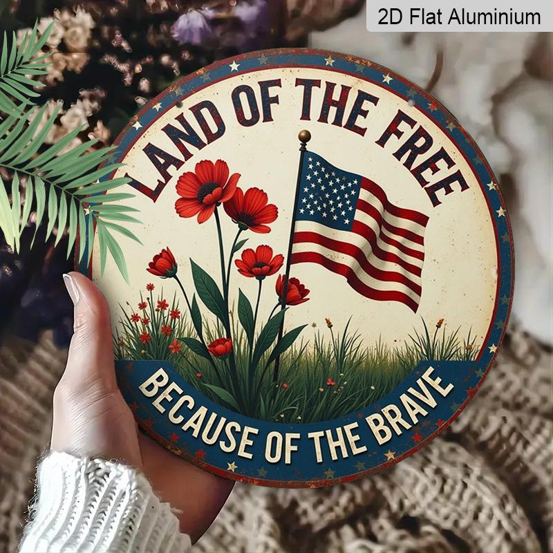 2D Flat, 1Pc Round Patriotic Aluminum Wall Art Sign - American Flag & Floral Design, "Land of the Free" Text, Easy To Hang with Pre-Drilled Holes