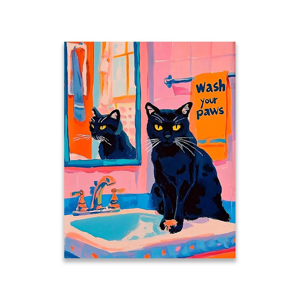 Maximalist Bathroom Cat Art Poster Wash Your Paws Quotes Prints Trendy Cat Poster Colorful Bathroom Art Canvas Painting Decor