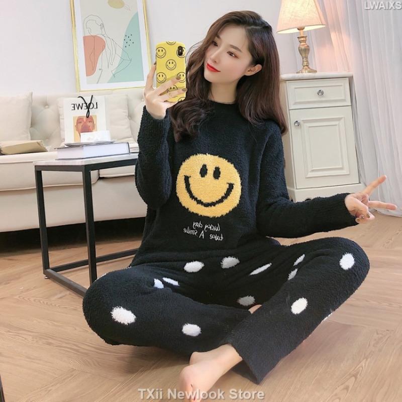 Women's Soft Black Smiling Face Pajamas Casual Couple Home Clothes Autumn and Winter New Style