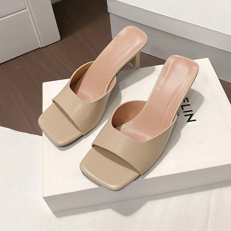 Leather French Slim Heel Slippers for Women's Summer New Fashionable Sandals Women Sweet Round Toe Slipper Ladies Shoes