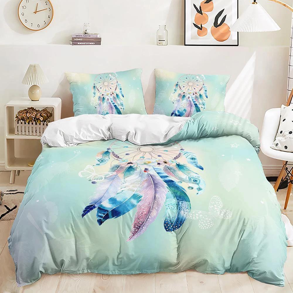 

Colored Feathers Bedding Set Dreamcatcher Down Duvet Cover Queen King Double Duvet Cover Pillowcase 2/3 Gift Soft Bedroom Decoration UK Single 135x200cm