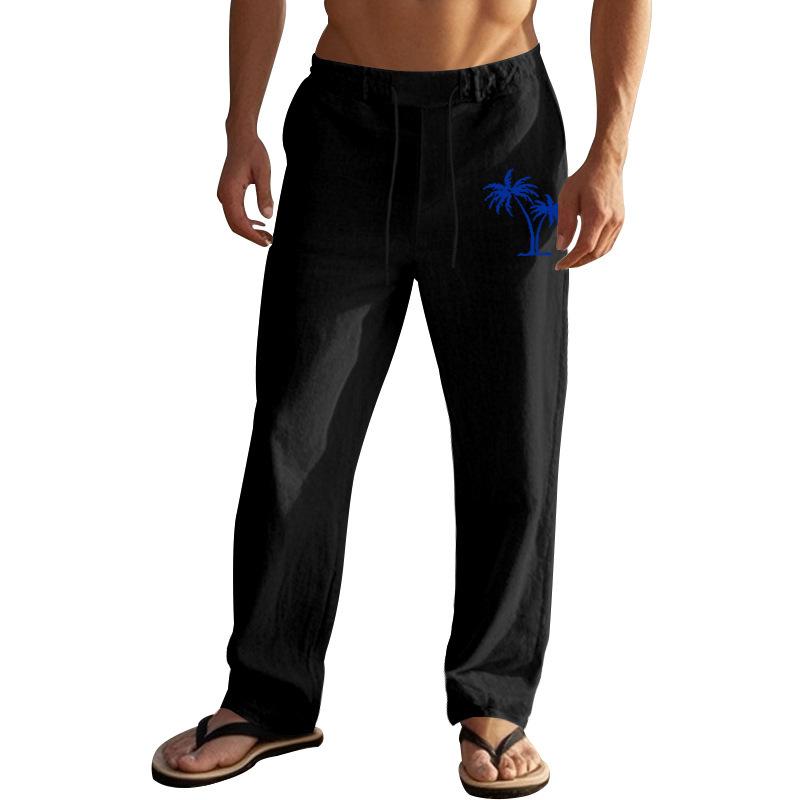 European, American Retro Men's Coconut Tree Printing Breathable Cotton and Linen Loose Casual Sports Trousers Men