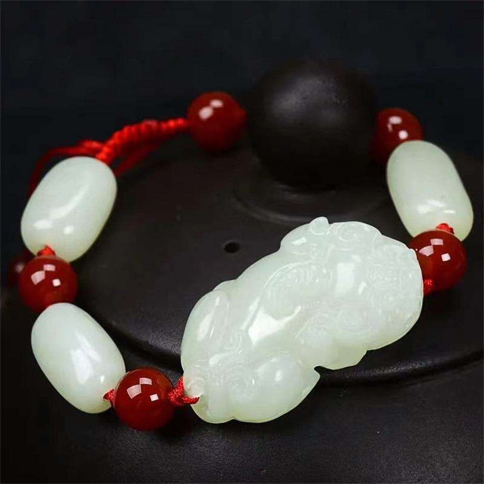 Men s and Women s Afghan Jade Pixiu Bracelet - Couple Style Green and White Jade Wristband Jewelry