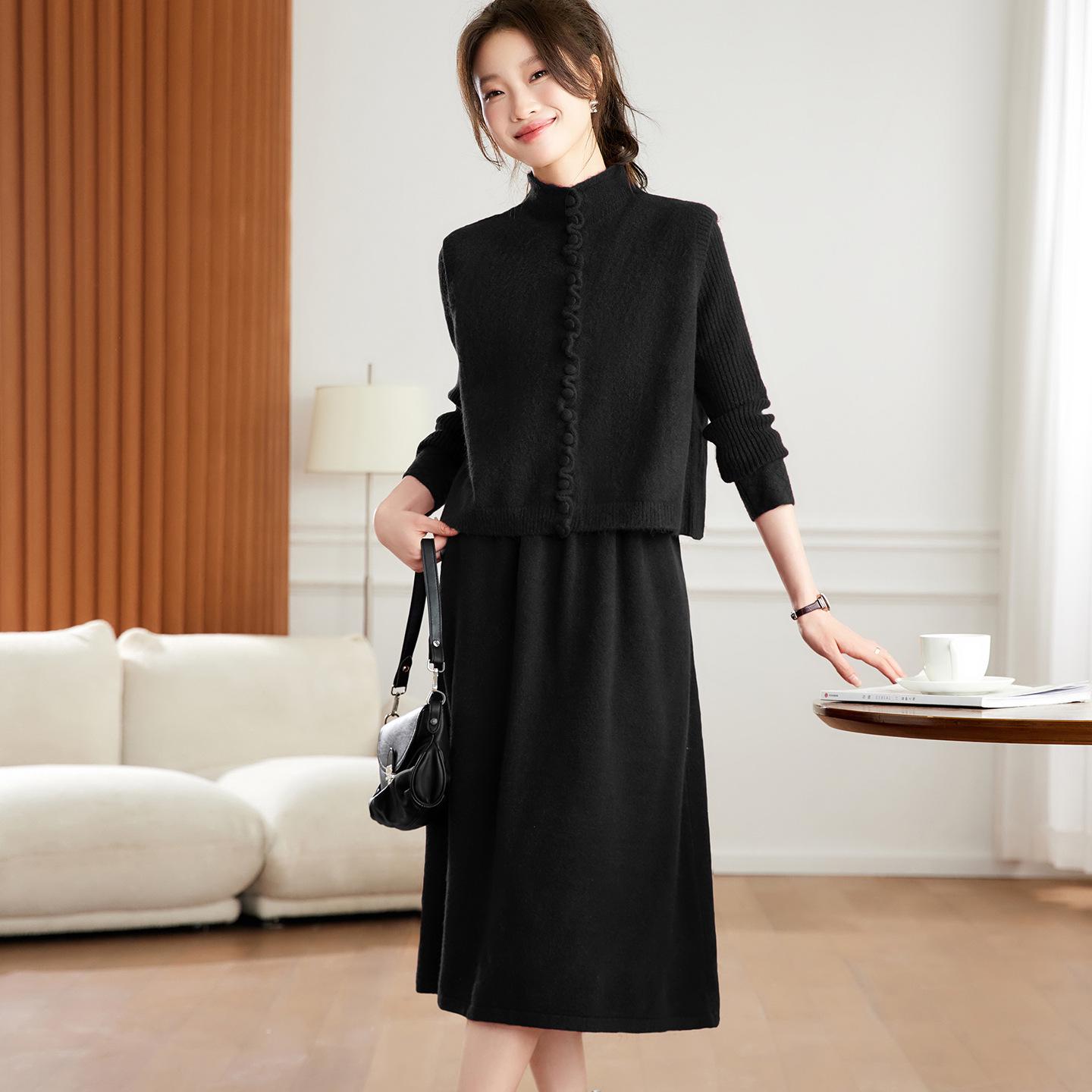 

Solid Color High Neck Sweater & Cardigan Midi Skirt Set - Women s Korean Style Loose Knit Two-Piece for Autumn/Winter XXL чорний