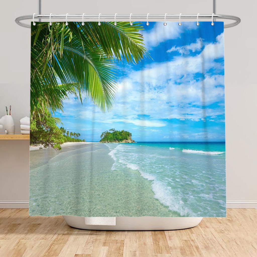 Beach Vacation Shower Curtain Tropical Palm Trees Ocean Waves Starfish Sandy Shore Pattern Waterproof Polyester Bathroom Decor