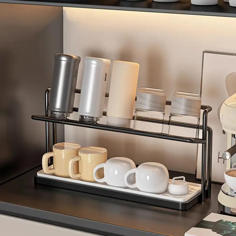 Heavy-Duty Double Layer Cup Holder Organizer with Drain Tray Space-Saving Countertop Shelf for Cups Mugs Coffee Makers
