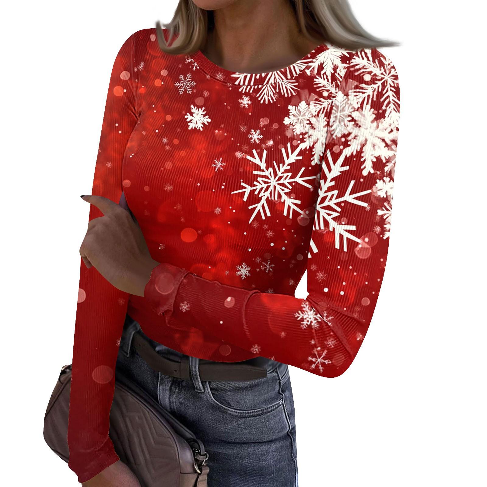 

Женская и зимняя футболка с тонким низом, модная повседневная футболка с рождественским принтом и круглым вырезом, длинный рукав L киноварь