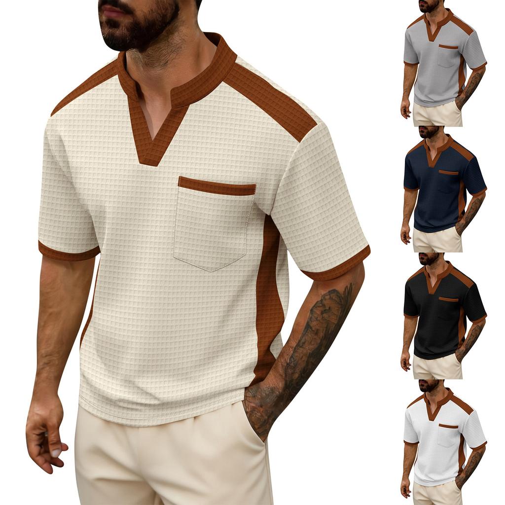 Men's Color Blocked V-neck Patchwork Short Sleeved Casual Breathable Top