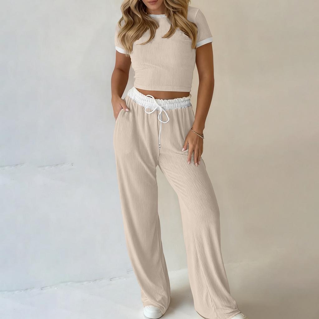Women's Fashion Color Blocked Summer Round Neck Short Sleeved Top With Elastic Waist Casual Pants Sportswear Two-piece Set