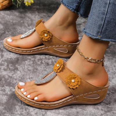 New Women's Slippers Fashion Flower Solid Color Wedge Flip-Flops Outdoor Platform Non-slip Beach Sandals Sandalias Shoes 2024