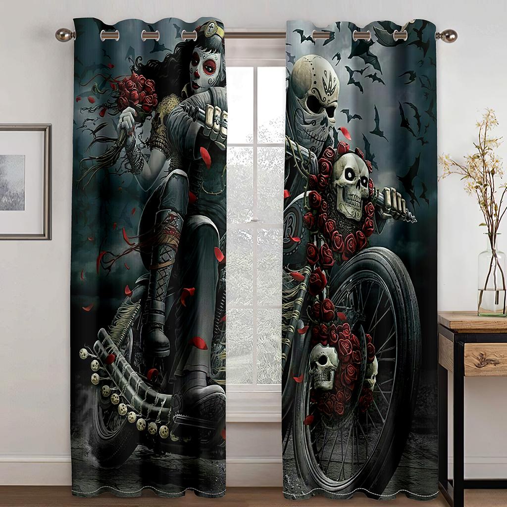 2023 Hot Selling Cool Weird Skull Series Luxury Living Room Bedroom Home Decoration Sunshade Curtain 2 Pieces of Hook Punch Hole