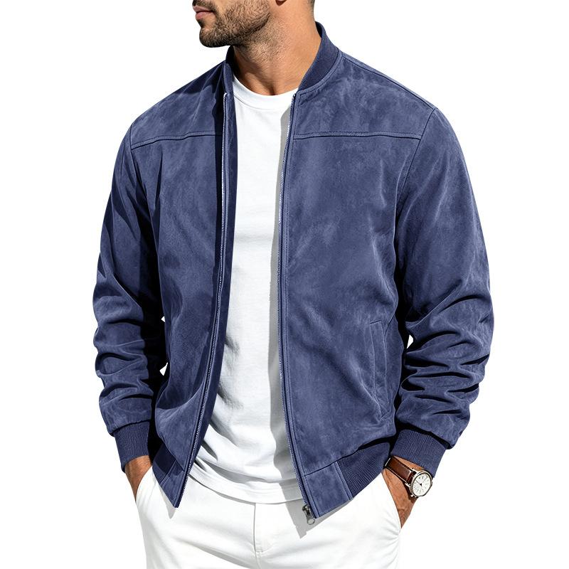 Men Faux Suede Bomber Jacket Zip‑Up Baseball Collar Casual Long Sleeve Outerwear Lightweight Fall Pilot Coat