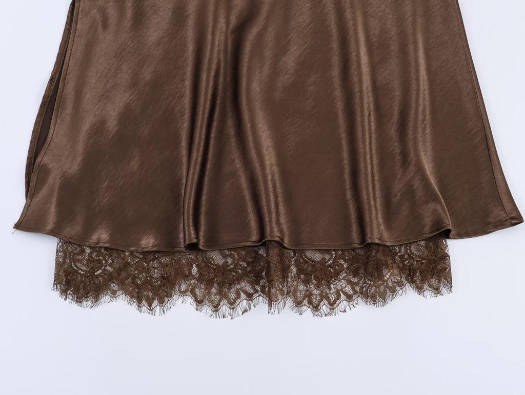 2026 European American Satin Lace Patchwork Slit Skirt