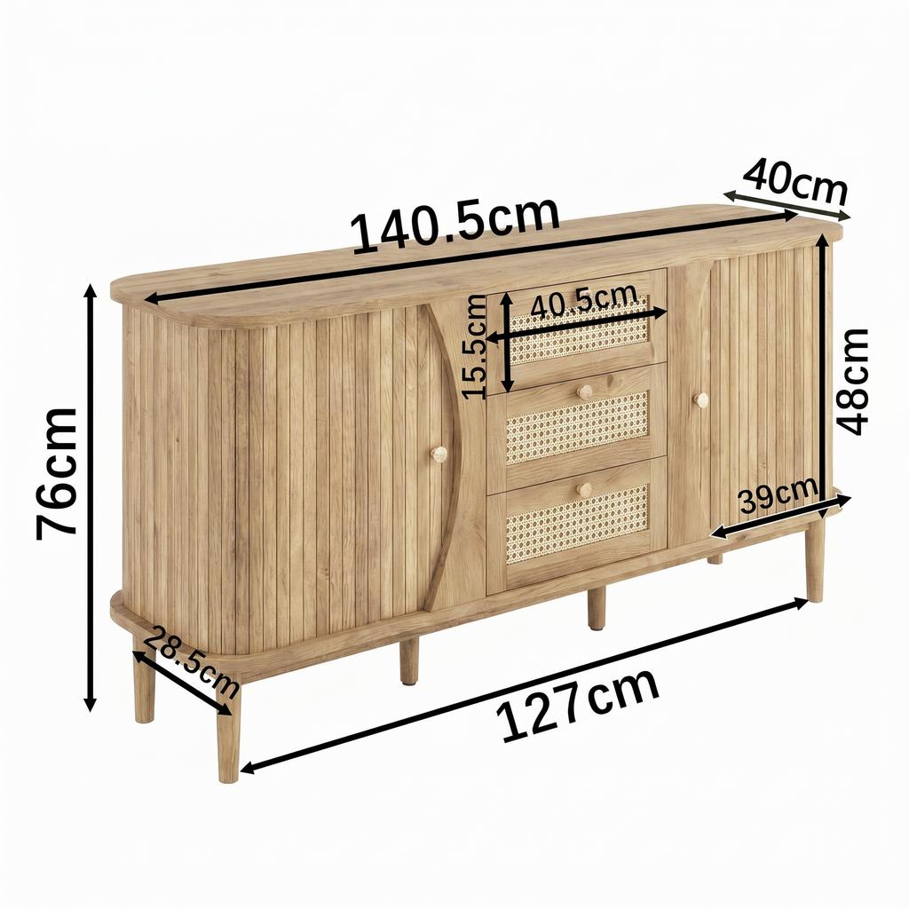 Sideboard, rattan chest of drawers, chest of drawers with sliding doors, adjustable shelves and rounded top.