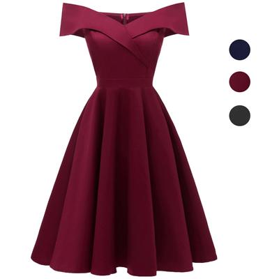 Abito da donna vintage con spalle scoperte Bardot Midi Abito da ballo in raso Skater Midi Classico tubino nero Abito da sera per cocktail Matrimonio Ospite Occasione