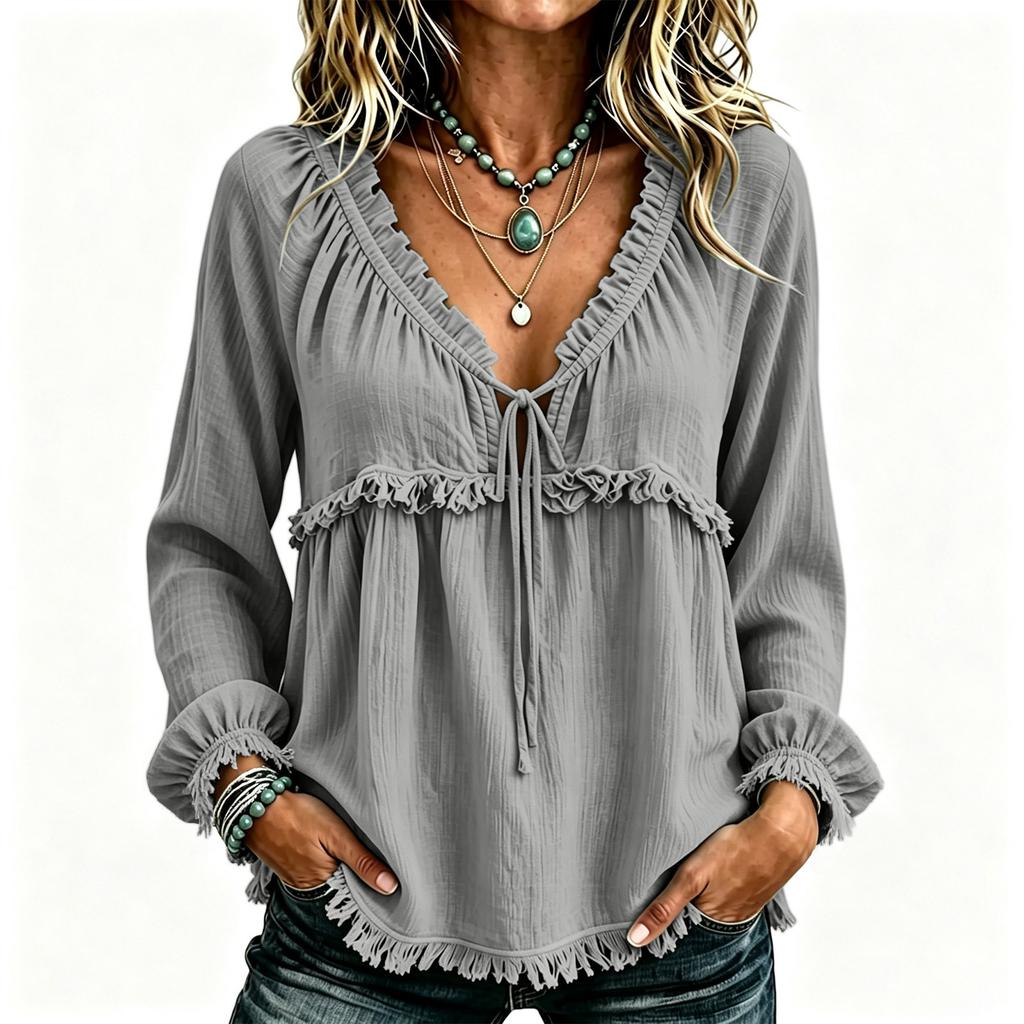 Women's Casual V-Neck Long Sleeve Cotton Linen Top Color