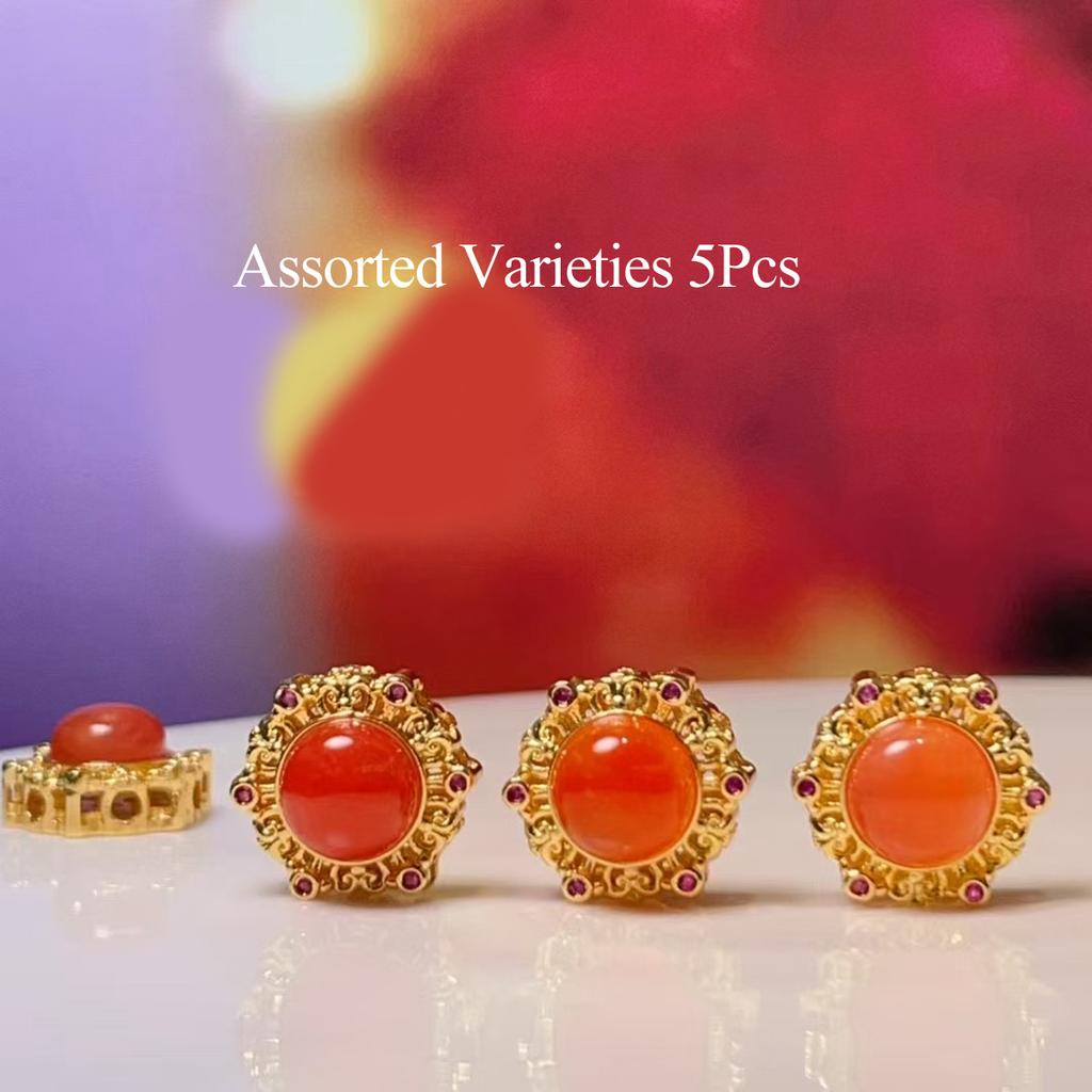 5Pcs, Natural Stone Beads Accented with Golden Trim, Boho Handcrafted Round Redstone Aquamarine Gemstone Beads for Jewelry Making DIY Crafts 12×12mm