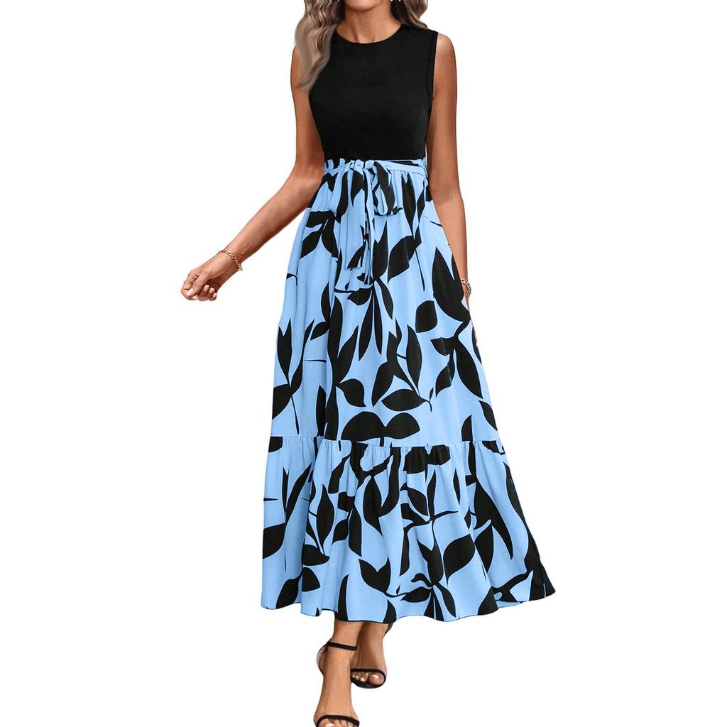 Women's Floral Print High Waist Fashionable And Elegant Sleeveless Dress