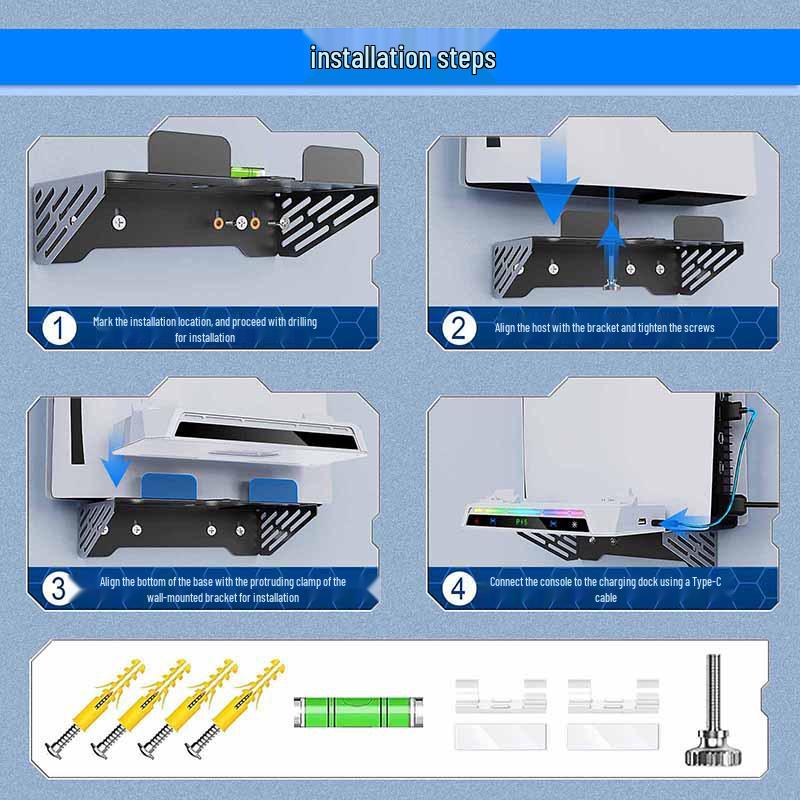 PS5 Wall Mount Kit: Console Bracket, Elite Controller Charger, Headphone Hanger, RGB Lights