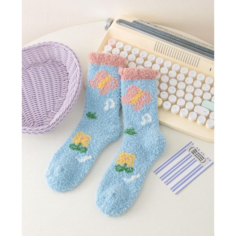 Autumn and Winter Coral Fleece Socks, Women's Small Flower Fruit Thickened Warm Socks, Women's Home Floor Socks, Postpartum Mid-calf Socks