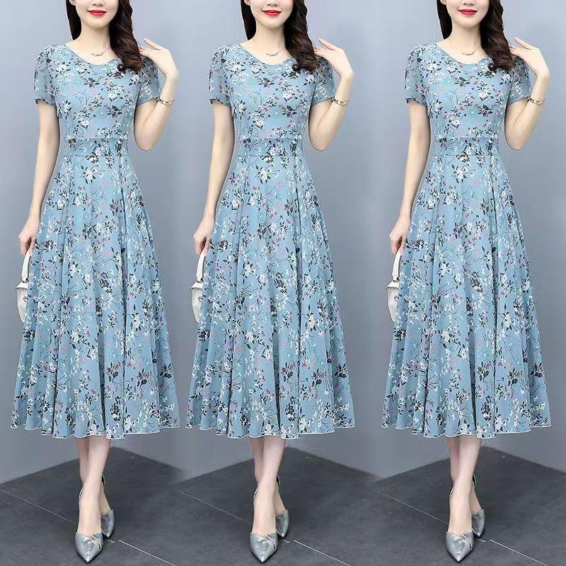 Ice Silk Floral Dress Summer Short-sleeved New Plus Size Women's Waist Slimming Belly-covering Long Dress