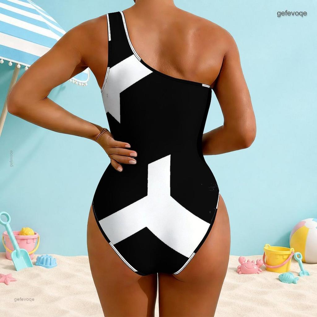 Women Plus Size One Shoulder One Piece Swimsuit Asymmetric Neck Black White Print