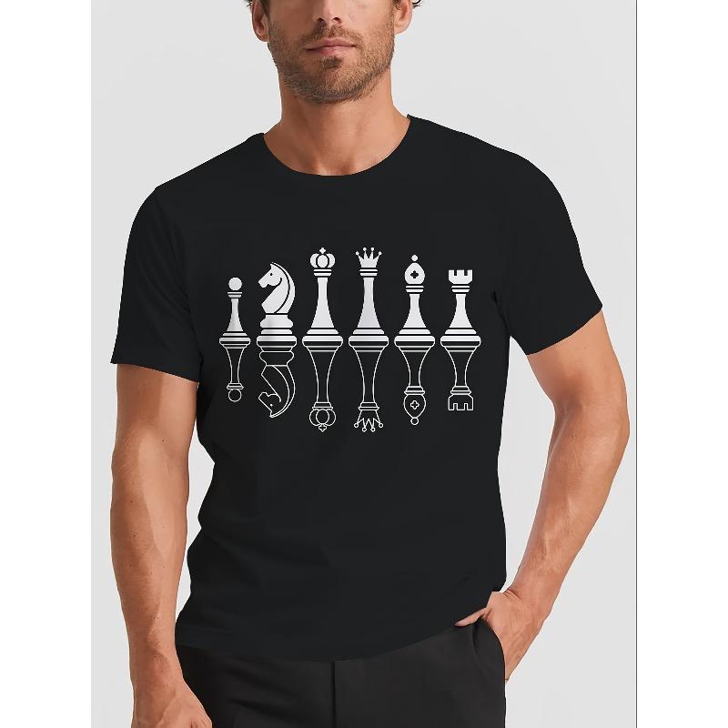 Men's Chess Piece Graphic T-Shirt - Printed Cotton Crew Neck Tee, Breathable & Lightweight for Casual Summer Wear, Black with White Design
