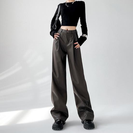 Women Spring Pants High Waist Wide-Leg Imitation Leather Trousers with Pockets Solid