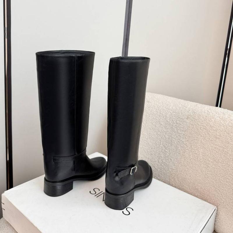 New Versatile Cowhide Martin Boots Solid Color Medium Heel Round Head Leather Tall Boots Autumn and Winter Thick-soled Large-size Women's Boots