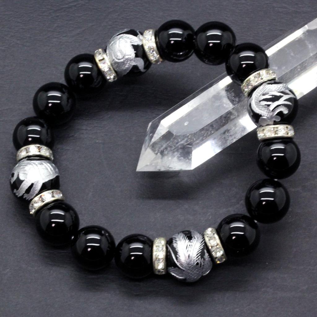 [Ishiki] Amulet Natural Stone Pair Bracelet Onyx 12mm Four Divine Beasts Crystal 10mm Four Divine Beasts 2-piece set with Paulownia wood box [b181]
