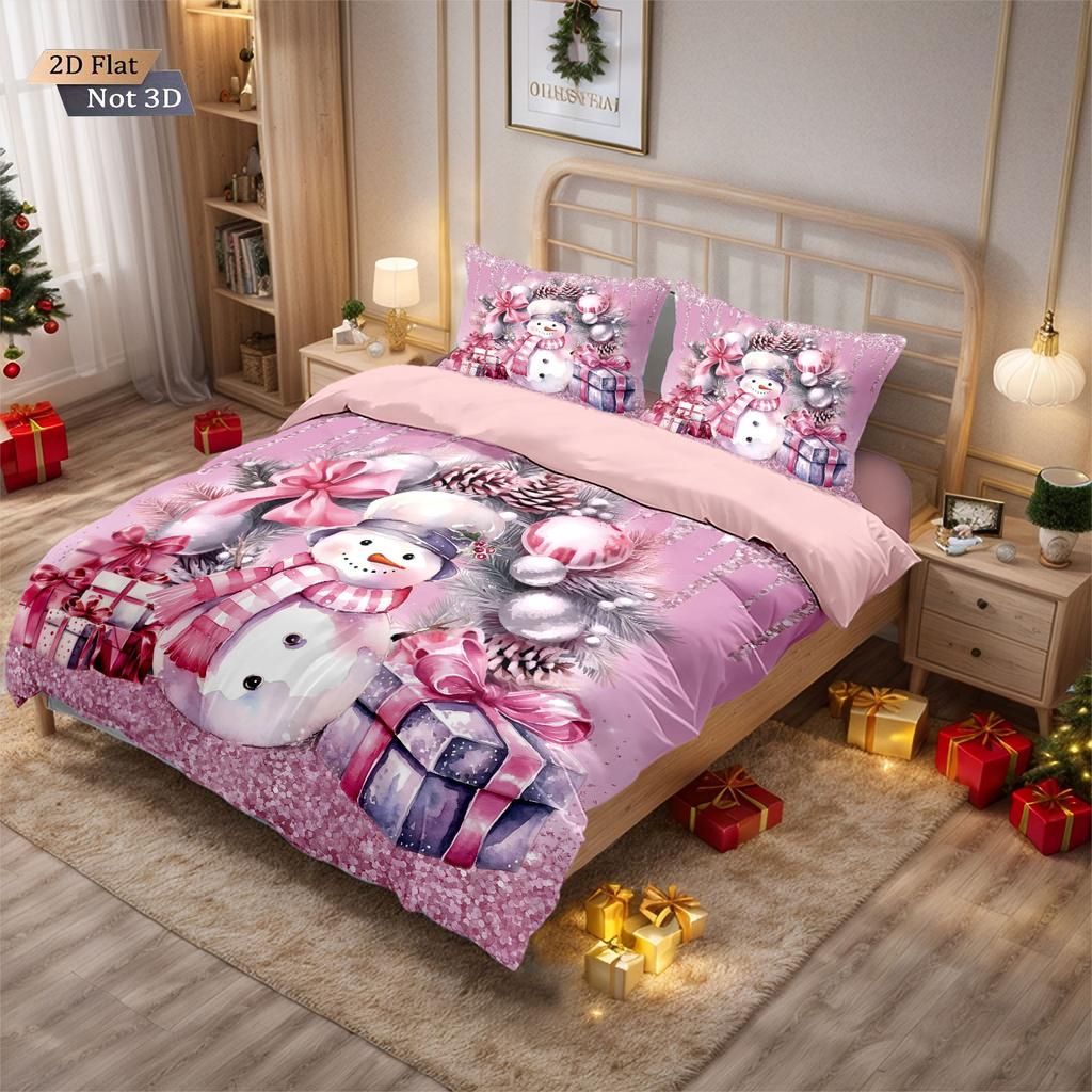 3Pcs Cute Cartoon Snowman Printed Coreless Down Duvet Cover Set Multi Size Bedroom Bedding Holiday Decoration Machine Washable