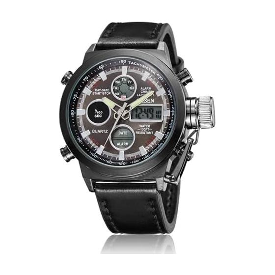Men's Military Arm Watch: Double Display Digital Outdoor Tactical Watch LED Luminous Quartz Watch Waterproof Large Leather Band Steam Punk Cool Black