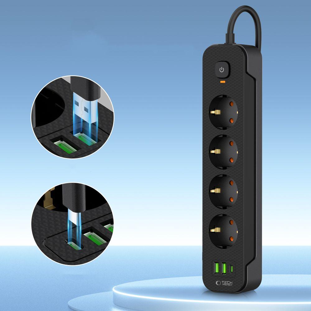 Tech-Protect Pcl4X3 Power Strip Long 2 Usb & 1 Type-C & 4 Socket 200Cm Black