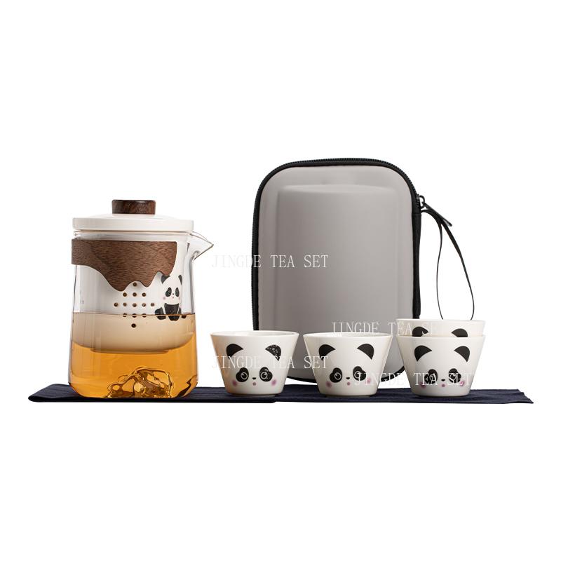Set Tazze da Tè Portatile Panda in Ceramica Set da Viaggio con 1 Teiera e 4 Tazze da Tè Set per Uso Personale Tazza Kuaike Colorata Sottosmalto per Esterni