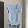 Plus Size Women Square Neck Short Sleeve Tee Ribbed Standard Shoulder Slim Summer Top