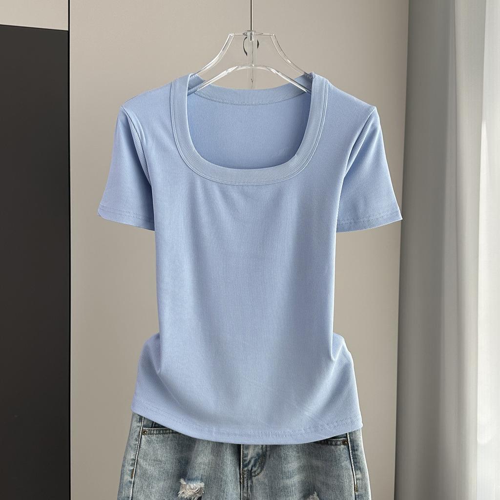 Plus Size Women Square Neck Short Sleeve Tee Ribbed Standard Shoulder Slim Summer Top