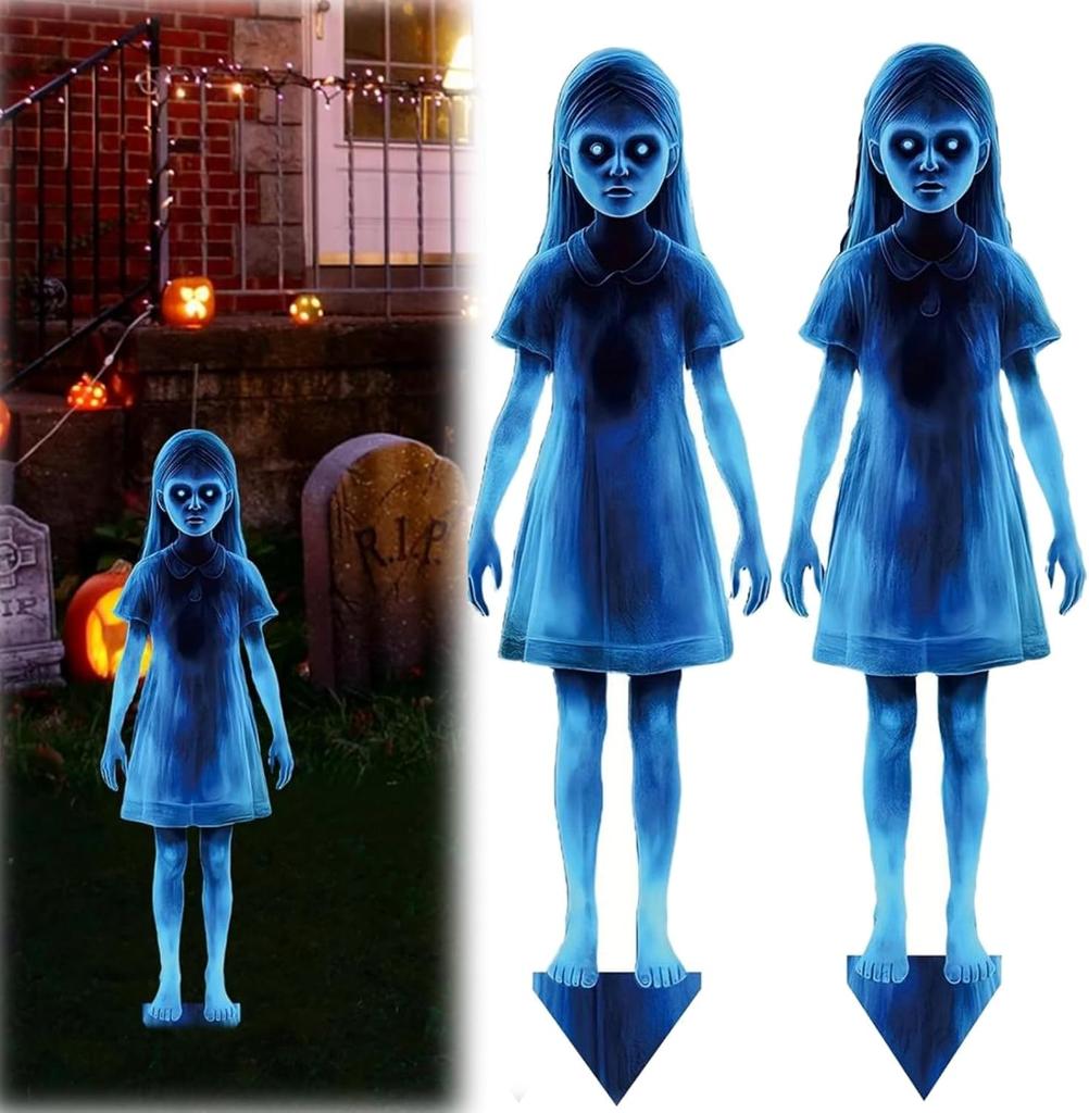Horror Twin Girls Halloween Yard Stakes 15.75in Rustproof Iron Lawn Decorations For Outdoor Cemetery Party Supplies