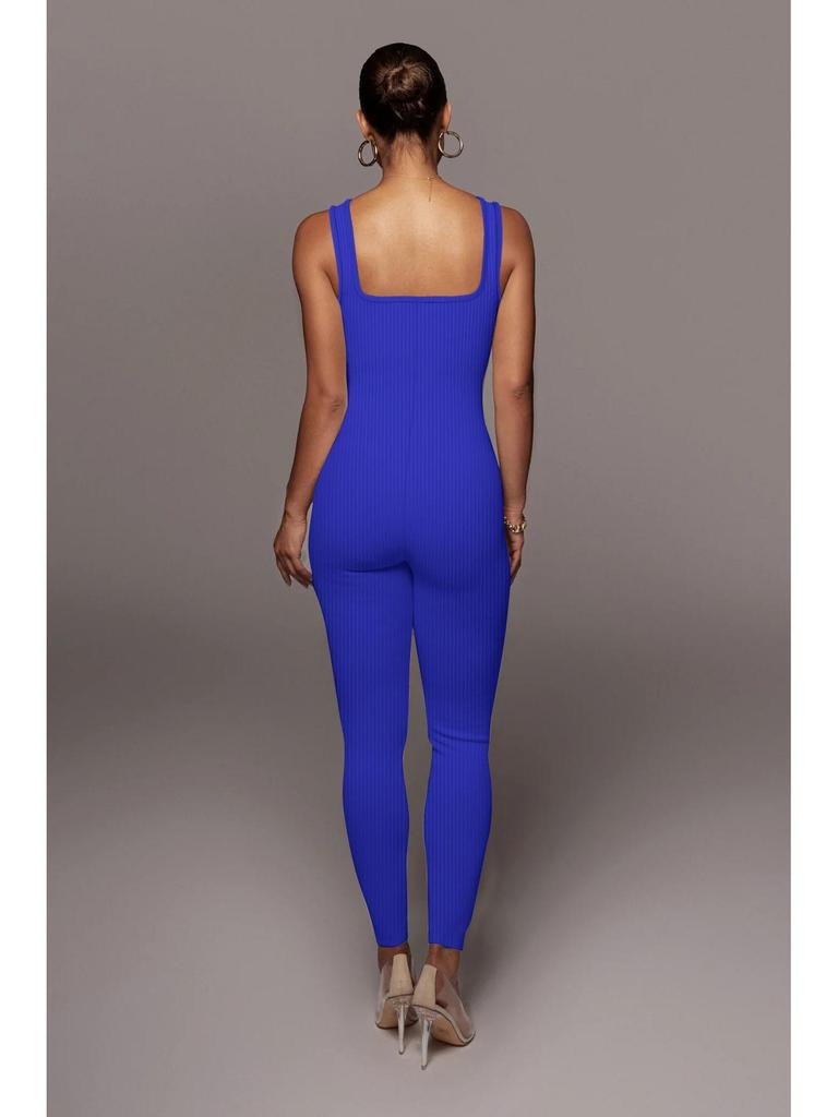 Women's Solid Color Ribbed Sleeveless Bodysuit: Square Neck, Backless, Hip-Lifting Slim-Fit Jumpsuit