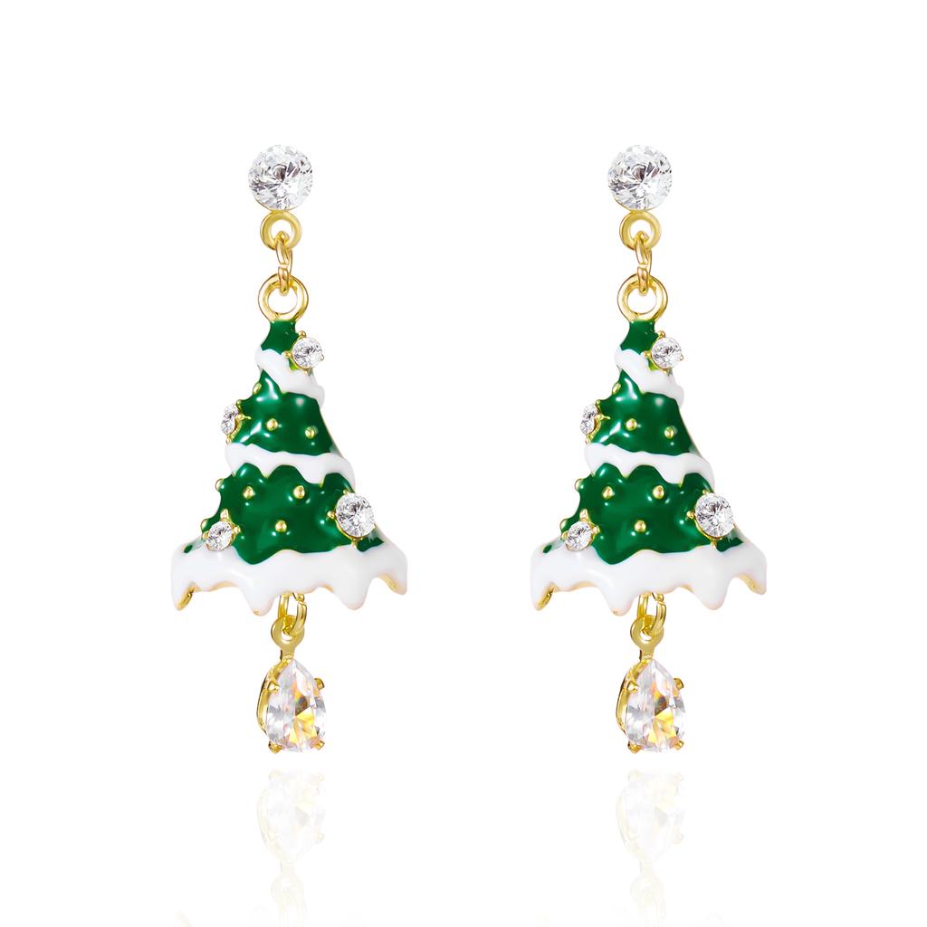 Design Sense Green Christmas Tree Drop Earrings for Women Light Luxury Shiny Crystal Snowman Earrings Christmas Party Jewelry