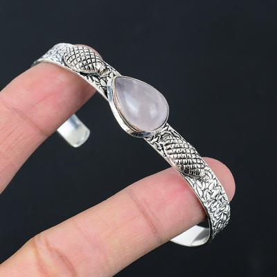 925 Sterling Silver Heart Chakra Natural Rose Quartz Wife Unique Bangle Jewelry